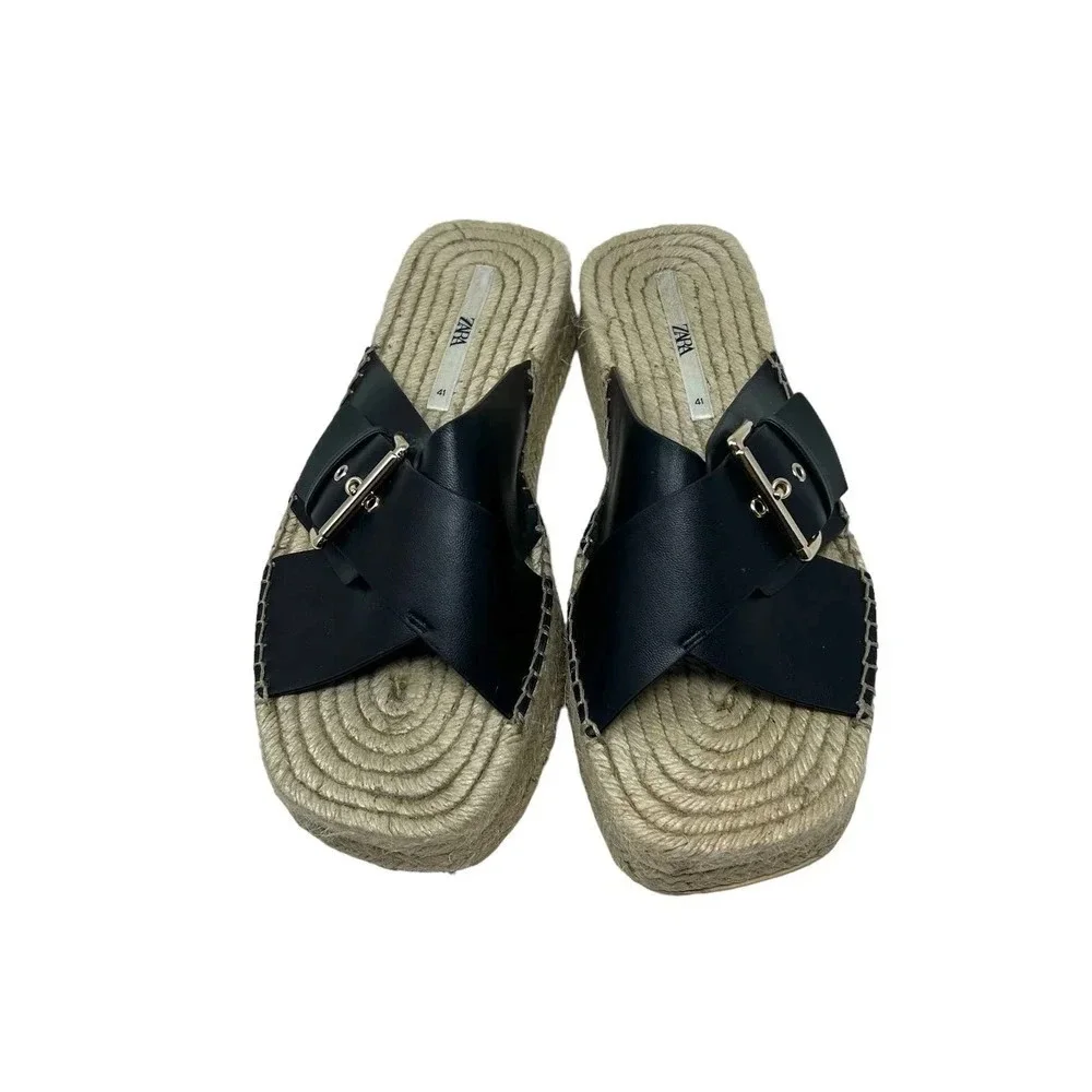 Zara Black Leather Buckle Espadrille Jute Slide Sandals Size‎ 41 / US 10.5